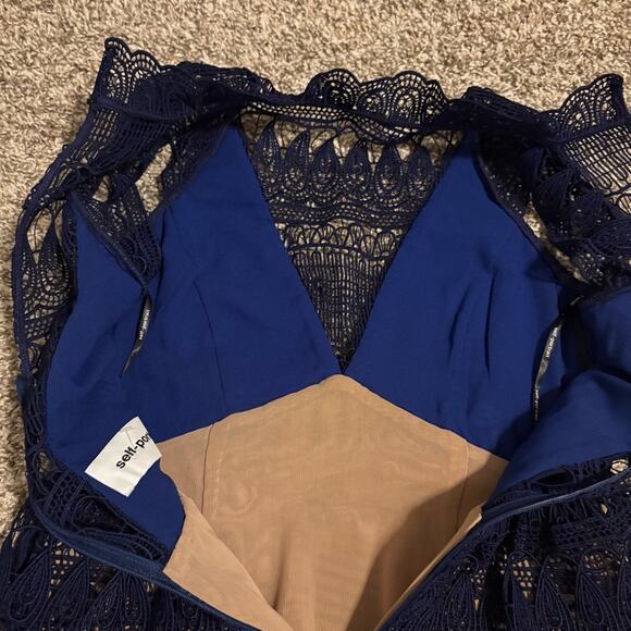 Self Portrait Teardrop Paneled Guipure Lace Mini Dress Holiday Blue Size 4 - Picture 8 of 11